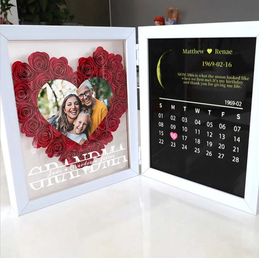 (Grandma Photo With Name) Custom flower frame with REAL MOON PHASE Anniversary Calendar