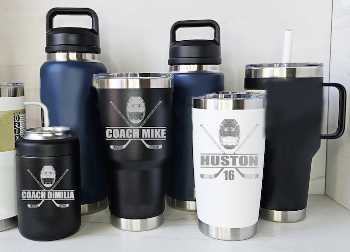 HOCKEY Player Coach Gift - Laser Engraved Tumblers, Straw Mugs with Handle