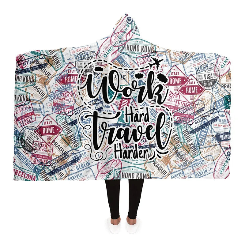 Work Hard Travel Harder Multi Cities and Countries Hooded Blanket