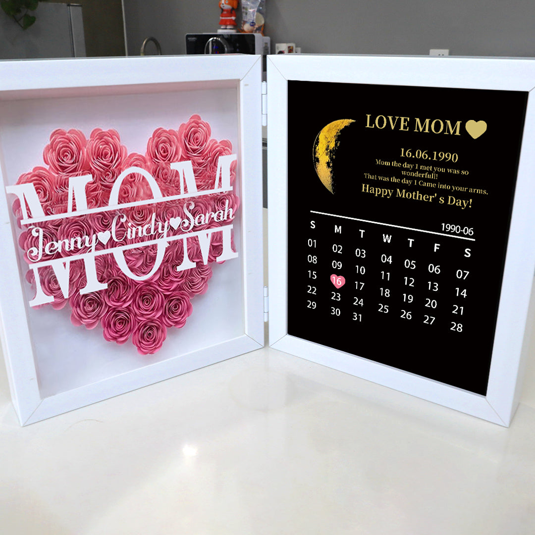 (Mom& Grandma With Name) With REAL MOON PHASE Anniversary Calendar Custom flowers frame