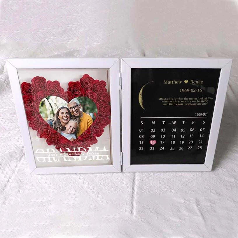 (Grandma Photo With Name) Custom flower frame with REAL MOON PHASE Anniversary Calendar