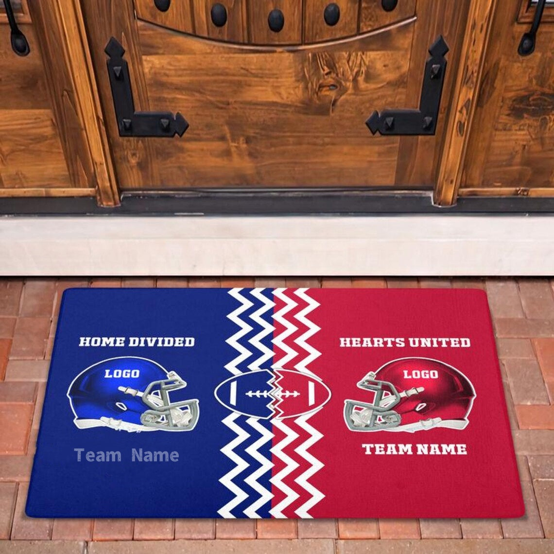 Personalized Football Doormat,  House Divided Hearts United Rugby Doormat, Custom Favorite Team Floormat