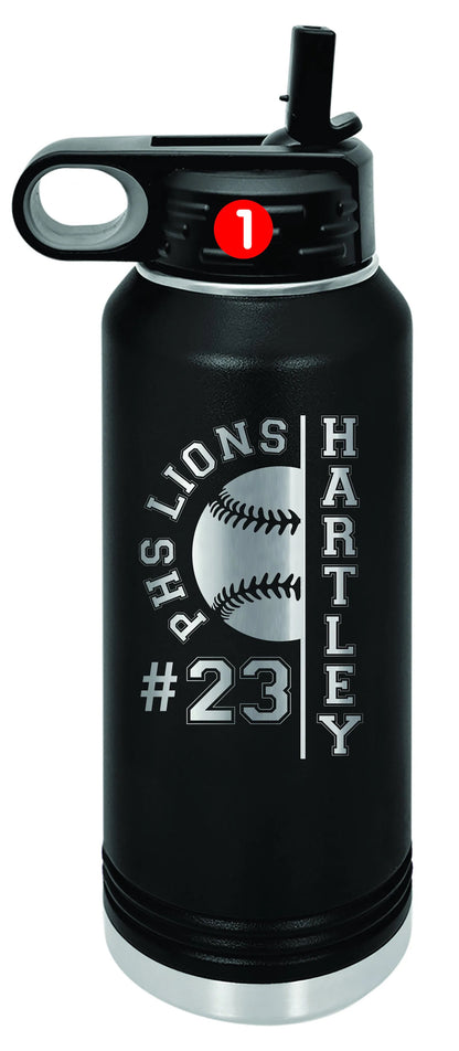 Personalized Baseball Water Bottles - Custom Engraved 32oz Stainless Steel Bottle