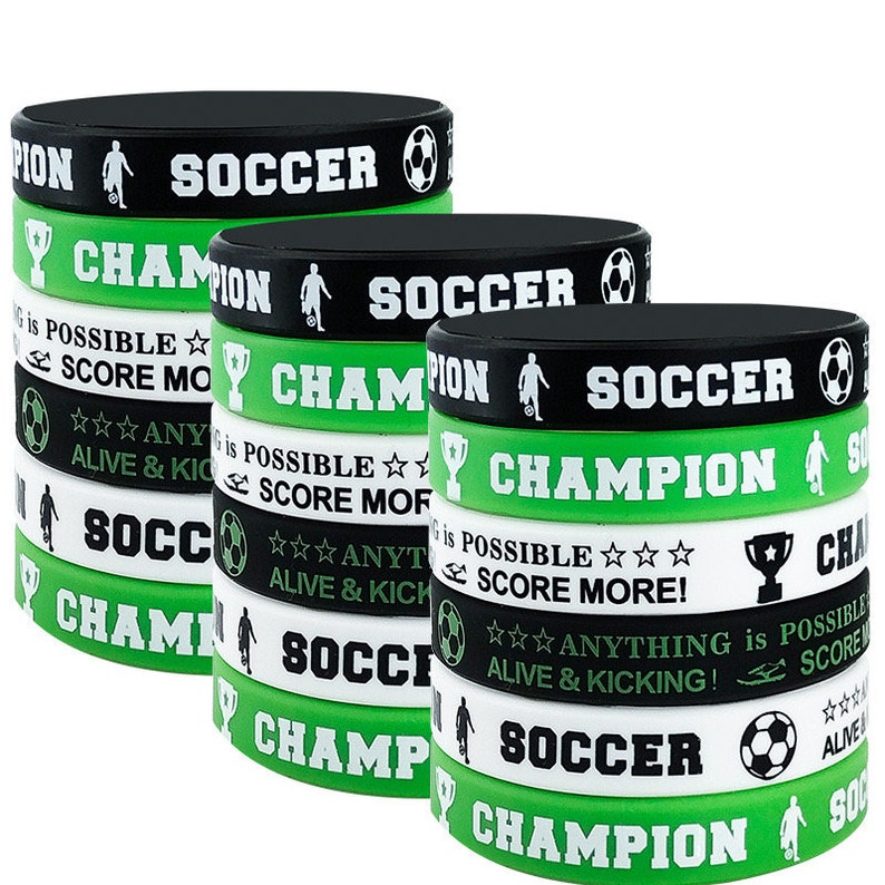 12PCS Soccer Bracelets | Green White Black Soccer Champion Sports Club Training Wristbands for Kids Birthday Party Favours