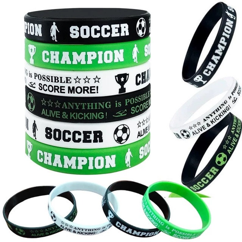 12PCS Soccer Bracelets | Green White Black Soccer Champion Sports Club Training Wristbands for Kids Birthday Party Favours