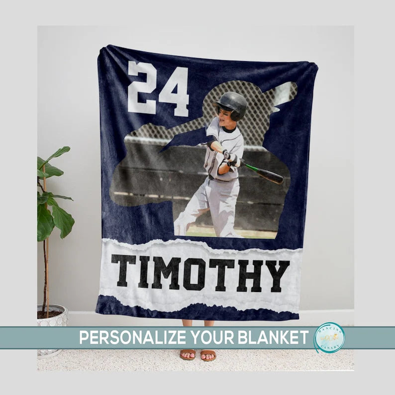 Personalized Baseball or Softball Player Gift Photo Blanket for Kids, Custom Name Throw, Son, Daughter, Grandson Birthday Christmas Present