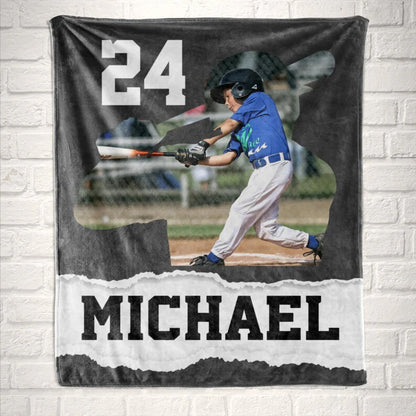 Personalized Baseball or Softball Player Gift Photo Blanket for Kids, Custom Name Throw, Son, Daughter, Grandson Birthday Christmas Present