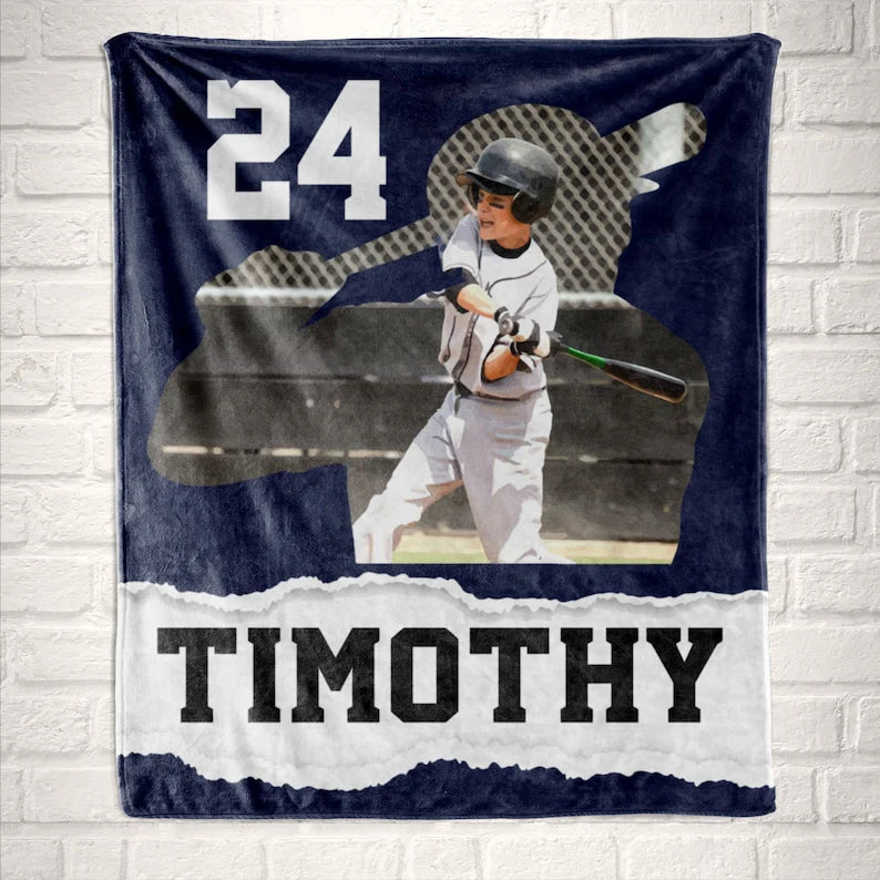 Personalized Baseball or Softball Player Gift Photo Blanket for Kids, Custom Name Throw, Son, Daughter, Grandson Birthday Christmas Present