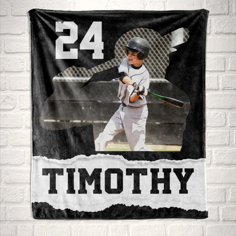 Personalized Baseball or Softball Player Gift Photo Blanket for Kids, Custom Name Throw, Son, Daughter, Grandson Birthday Christmas Present