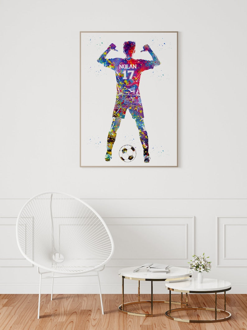 Soccer Player with Ball Personalized Art Custom Name and Number Watercolor Sport Frame