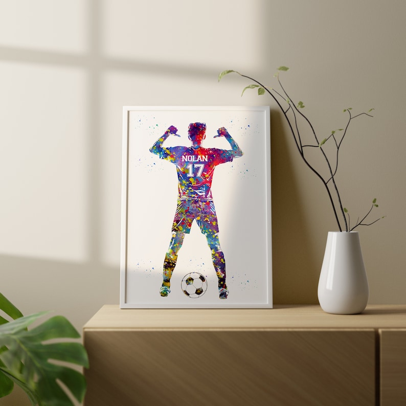 Soccer Player with Ball Personalized Art Custom Name and Number Watercolor Sport Frame