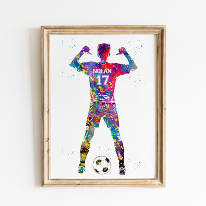 Soccer Player with Ball Personalized Art Custom Name and Number Watercolor Sport Frame