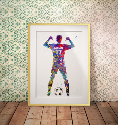 Soccer Player with Ball Personalized Art Custom Name and Number Watercolor Sport Frame