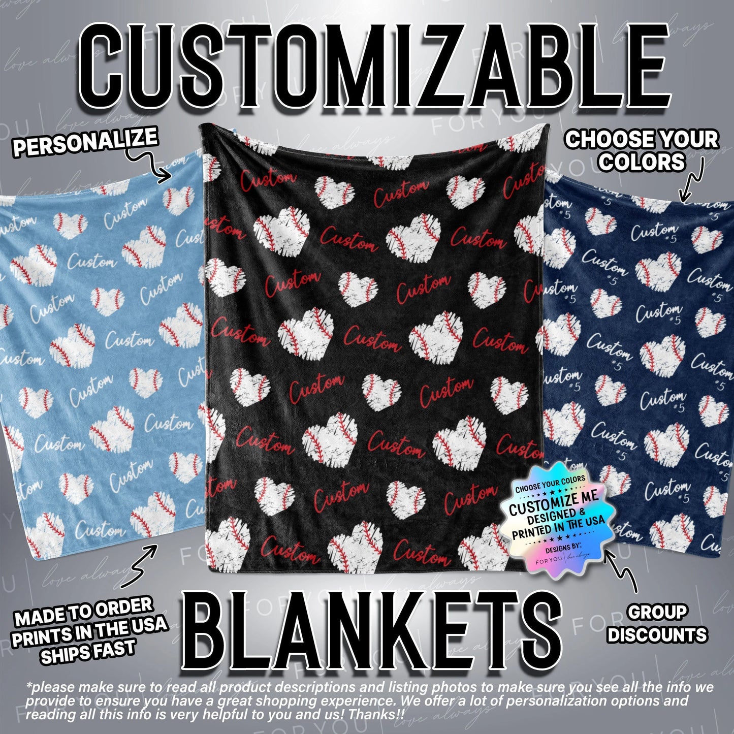 Baseball Hearts Repeating Custom Name Blanket Personalized - Multiple Sizes and Styles - Gift for Baseball Players - End of Year Present