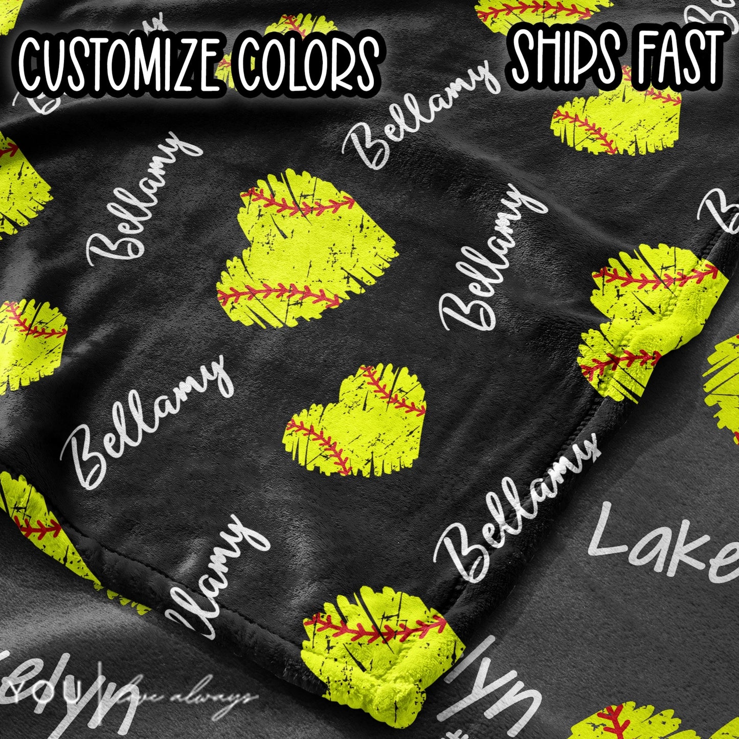 Softball Repeating Hearts with Name Blanket - Personalized - Multiple Sizes and Styles - Gift for Softball Players - End of Year Team