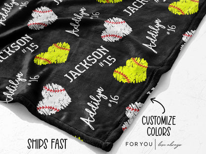 Baseball and Softball Heart Repeating Custom Name Blanket Personalized - Multiple Sizes and Styles - Gift for Moms - House Divided