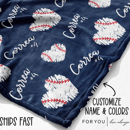 Baseball Hearts Repeating Custom Name Blanket Personalized - Multiple Sizes and Styles - Gift for Baseball Players - End of Year Present