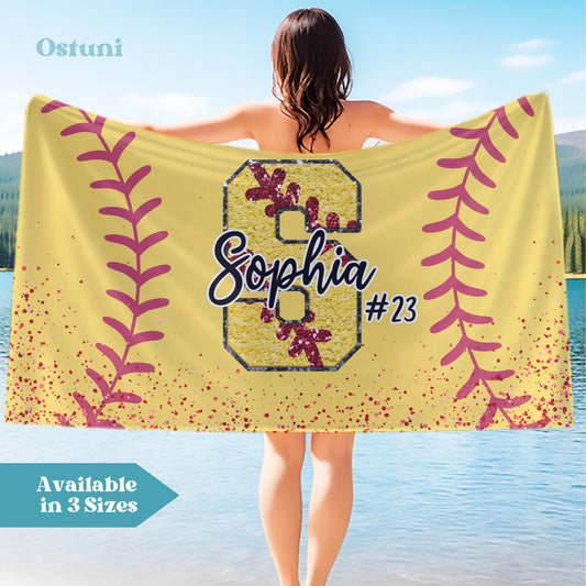 Custom Softball Player Beach Towel, Softball Player Gift, Softball Player Pool Towel