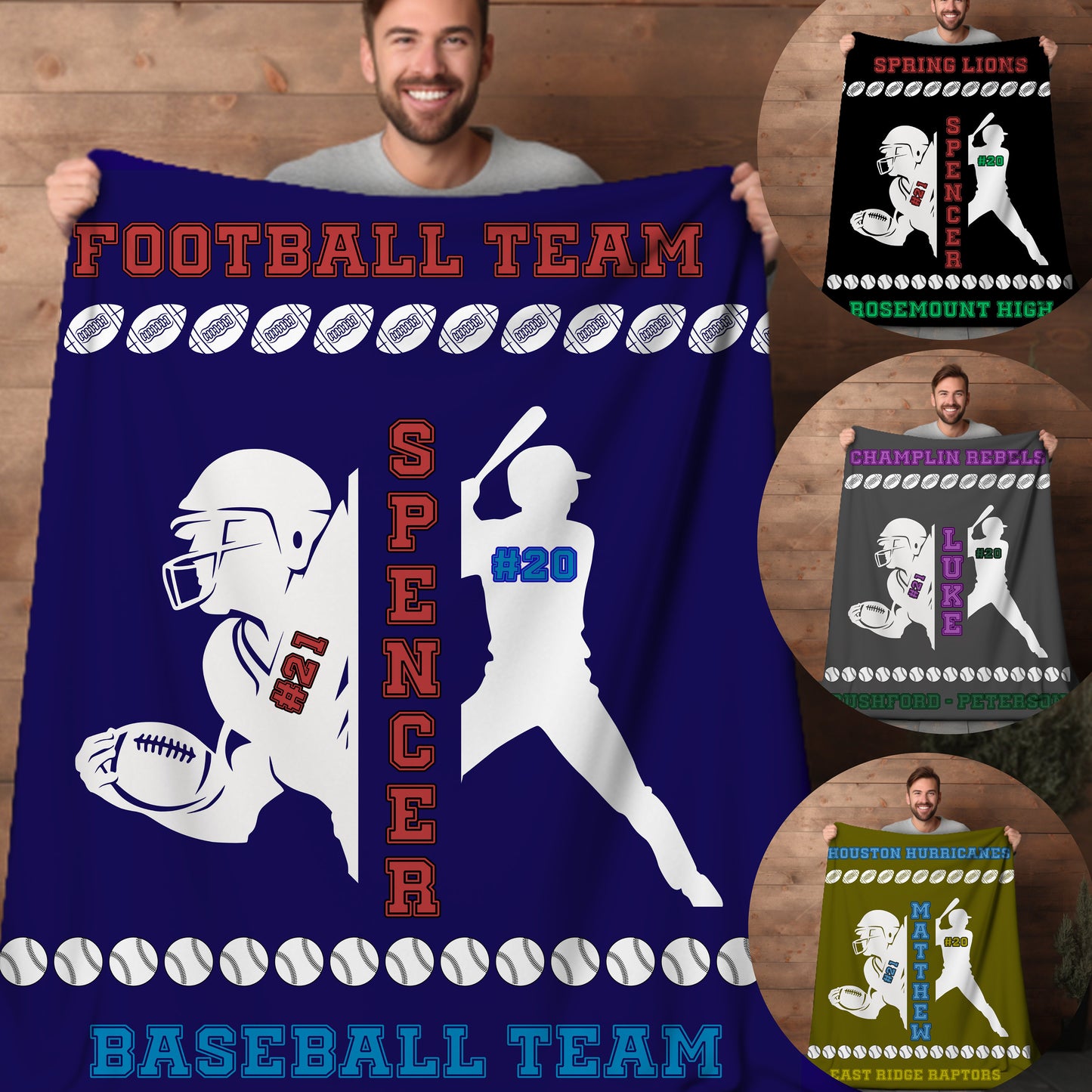 Personalized Football Baseball Blanket Custom Team and Player Name Velveteen Throw Couch Blanket Gift for Dad Boyfriend, Player, Team