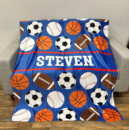 Personalized Sports Blanket, Custom Name Blanket, Basketball Football Baseball Blanket