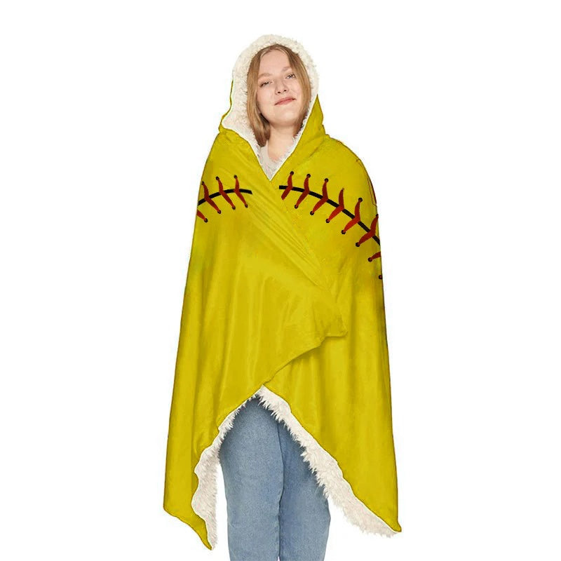 SOFTBALL THROW HOODED YELLOW Sherpa Fleece Blanket Sherpa Fleece Hooded Cozy Warm Sports Event Polyester Blanket